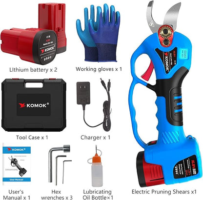 KOMOK Cordless Electric Pruning Shears, Professional Battery Powered Pruning Shears Fruit Tree Branches Cutter, 25mm/1" Cutting Diameter, 6-8 Working Hours with Handguard & LED Display