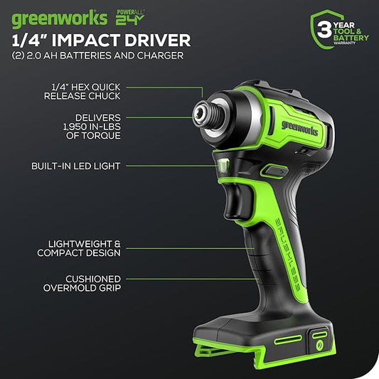 Greenworks 24V Brushless 1950 in./lbs Impact Driver, 1/4-inch Hex Variable Speed, Tool Only
