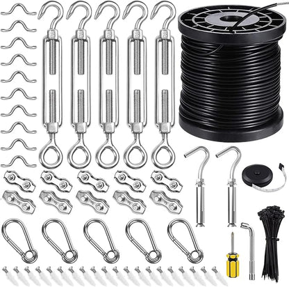 BLIKA String Light Hanging Kits, 250FT Coated Stainless Steel 304 Wire Rope, Outdoor Light Guide Wire, Globe String Light Suspension Kit Included Turnbuckles, Enough Accessories, Use Manual