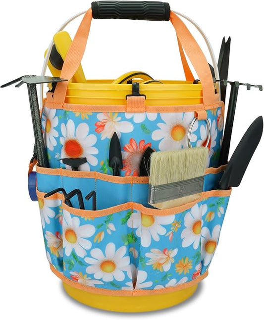 KUNN 5 Gallon Bucket Organizer 18-Pocket Tool Bag with Hangable Handle | Heavy-Duty Garden Caddy & Bucket Accessory for Gardening Tools, Orange