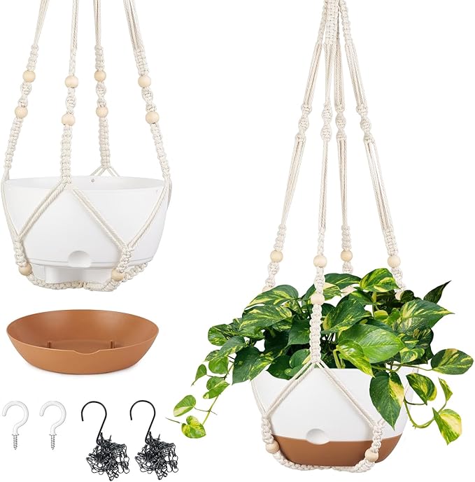 Mkono Hanging Planters for Indoor Plants, 2 Pack 10 Inch Self Watering Pots with Macrame Plant Hangers 2 Kinds Hanging Basket for Outdoor Garden Home Ceiling Window Decor