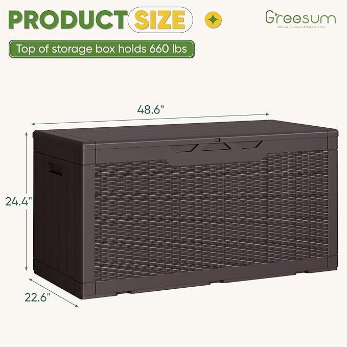 Greesum Outdoor Storage Box 100 Gallon Storage Bin with Lid for Patio Furniture, Garden Tools, Pool Supplies, Lockable, Waterproof and UV Resistant, Dark Brown