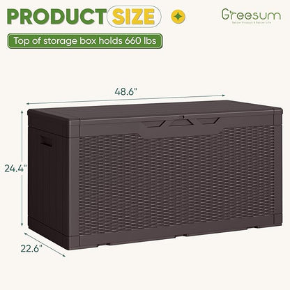 Greesum Outdoor Storage Box 100 Gallon Storage Bin with Lid for Patio Furniture, Garden Tools, Pool Supplies, Lockable, Waterproof and UV Resistant, Dark Brown