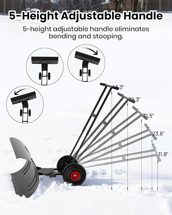 36” Snow Shovel for Driveway,Heavy Duty Wheeled Rolling Shovels 5 Position Angled Blade, Ergonomic Handle & Rubber Wheels for Efficient Snow Removal, Snow Plow for Doorway,Driveway and Sidewalks