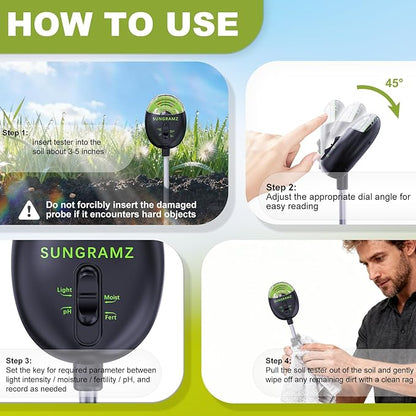 Soil Moisture Meter for Plants, 4-in-1 Moisture/pH/Fertility/Sunlight Dial Display, pH Soil Tester for Garden, Lawn, Farm, Indoor & Outdoor Use, No Battery Required, Black