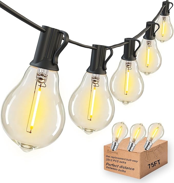 DAMAING Outdoor string lights 75FT Waterproof patio string lights with 38 Shatterproof Dimmable A39 LED Bulbs, 2FT bulbs apart Connectable Outdoor Lighting for Backyard Garden Bistro and Balcony 2200K