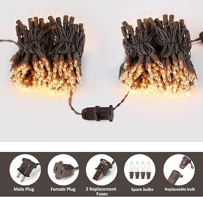 Vigdur 21ft 100 Count String Lights on Brown Wire Cord, UL Approved for Indoor/Outdoor Use, Connectable 120V Clear Outdoor Lights for Xmas Patio Home Party Garden Decor(Warm White)