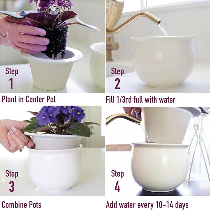 African Violet Pots Self Watering – 6.5”W x 4.6”H Ceramic Self Watering Pots for Indoor Plants with Glazed White Outer Pot & Absorbent Inner Pot for Easy Plant Care