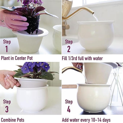 African Violet Pots Self Watering – 6.5”W x 4.6”H Ceramic Self Watering Pots for Indoor Plants with Glazed White Outer Pot & Absorbent Inner Pot for Easy Plant Care
