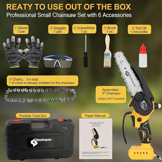 6 In Chainsaw Compatible with DeWalt Battery 20v - Mini Electric Cordless Brushless Chain Saw Handheld Compact Portable Mobile Small Trimming Pruning Chainsaw Set(Battery not Included)