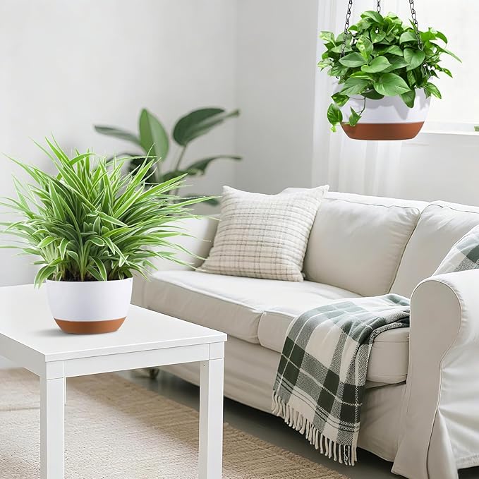 Set of 2 8 Inch Self Watering Hanging Planters for Indoor Outdoor Plants, Color Blocking Hanging Baskets Flower Pots with Drainage Hole & Removable Water-Storage Tray