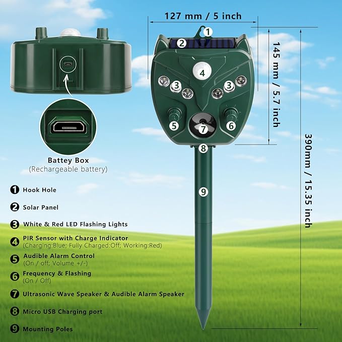 2 Pack 2025 Upgraded Solar Ultrasonic Animal Repellent Outdoor – Motion Activated Deer, Squirrel, Cat, Raccoon, Dog & Bird Deterrent with Multi-Frequency LED Strobe & Ultrasonic Sweep for Garden Yard