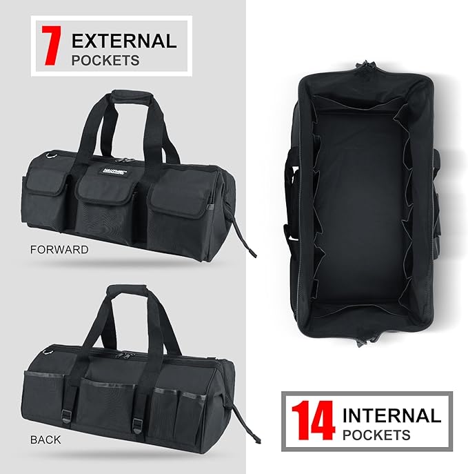 HAUTMEC 24" Heavy-Duty Tool Bag, 21-Pocket Wide Mouth Tote with Metal Frame, Waterproof Hard Base, Reinforced 1680D Pockets, Double Zippers & Shoulder Strap – Professional Tool Organizer – HT0184
