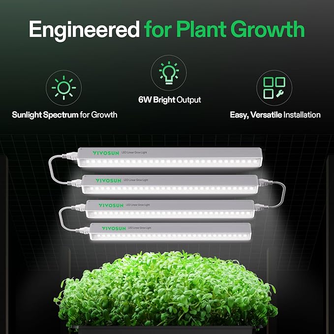 VIVOSUN T5 Grow Lights for Indoor Plants, 5000K Full Spectrum 24W(4 X 6W), 1FT LED Plant Light Strip for Seed Starting, Greenhouse, Hydroponics, SGS Compatible, Linkable, 4-Pack