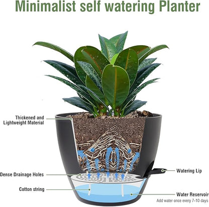 12 inch Large Self Watering Pots for Indoor Outdoor Plants, Flower Plant Pots with Mesh Drainage Holes for Garden House, Plastic Planters with Reservoir for Home Decor, Black