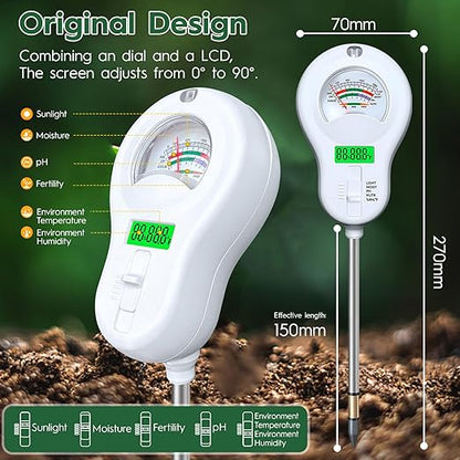 6-in-one Soil Test Kit-Soil Moisture Meter/PH Meter/Fertility/Sunlight Intensity Soil Tester, LCD Air Hygrometer&Temperature Moisture Meter for Plants-Garden, Lawn,Farm,3 Pack Detachable Probe