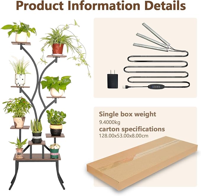 Plant Stands Indoor With Grow Light For Indoor Plants Multiple - 62" Tall Indoor Shelf With Anti-Tipping Device, Black Metal Flower Holder Rack