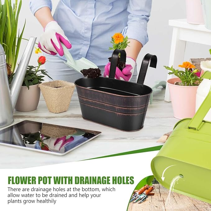 OBTANIM 4 Pack Metal Hanging Flower Pots Iron Railing Planter Outdoor Fence Hanging Pots Bucket Plant Holder with Detachable Hooks Drain Holes for Home Garden Yard Decor (Mixed Color)