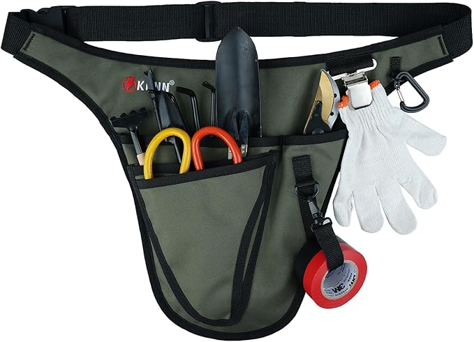 KUNN Garden Tool Belt,Durable Adjustable Tool Belt Waist Pouch with 4 Pocket for Women Men Gardeners Florist Army Green