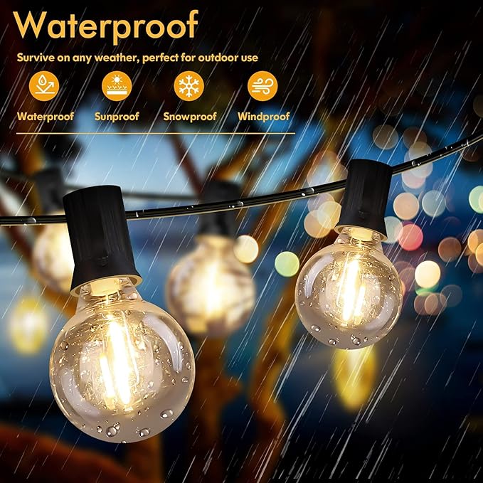 50FT Outdoor String Lights Waterproof, Bright 2700K LED Patio Lights String with 27 G40 Shatterproof Globe Bulbs, Connectable Edison String Lights for Outside, Garden, Balcony, Porch