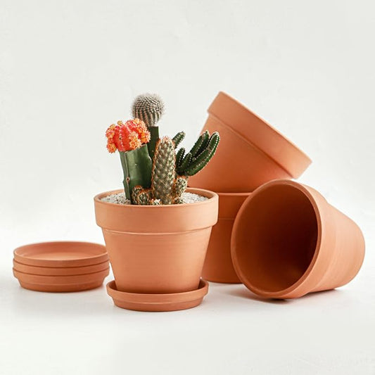 Terracotta Pots 6 Inch (4 Pack), Clay Pots for Plants with Drainage Hole and Saucer, Flower Pot with Tray, Large Terracotta Pot for Indoor Outdoor Plant