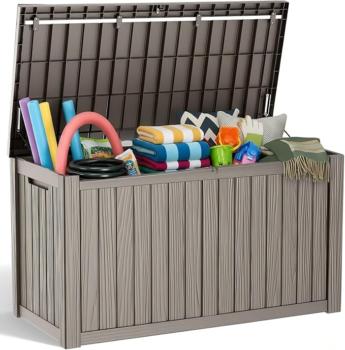 150 Gallon Resin Deck Box with Lockable Lid - Outdoor Waterproof Storage for Patio Furniture, Garden Tools, Cushions & Pool Accessories, Wood Grain Design, Easy Assembly