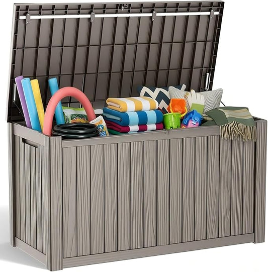 150 Gallon Resin Deck Box with Lockable Lid - Outdoor Waterproof Storage for Patio Furniture, Garden Tools, Cushions & Pool Accessories, Wood Grain Design, Easy Assembly