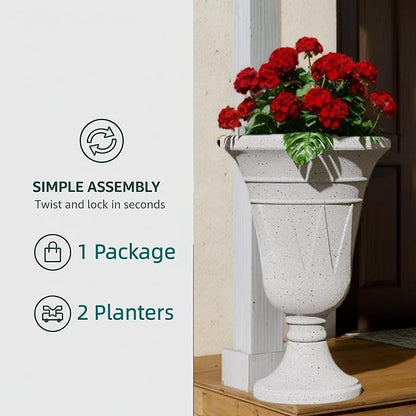 23.6" Tall Plastic Urn Planters for Outdoor Plants with Drainage Holes & Trophy Design, Set of 2 Heavy-Duty Classic Indoor Large Flower Pots, Outdoor Planters for Porch/Home/Garden, Grey