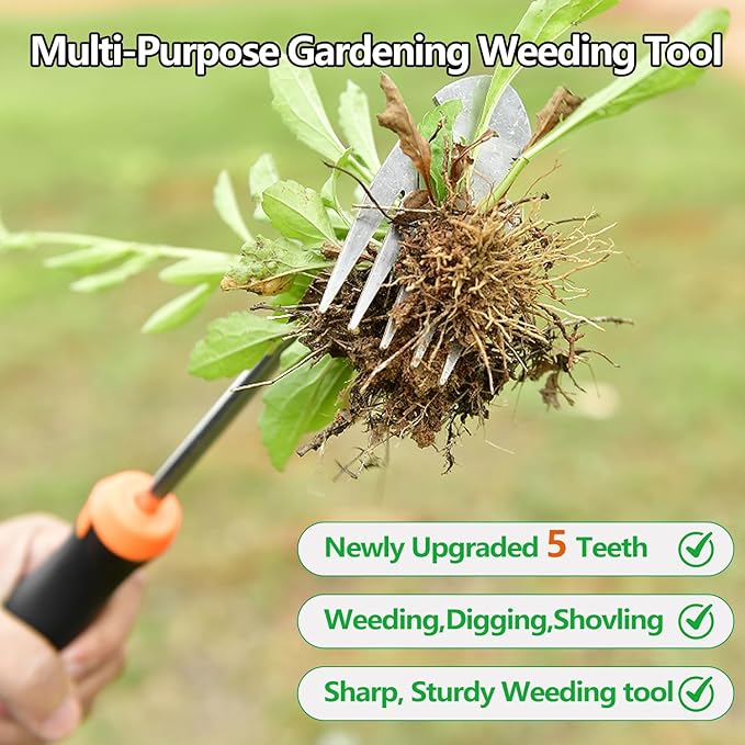Weed Puller Tool，2025 Newly Weeder Stainless Steel Hand Weed Puller,Portable 5 Teeth Weed Remover Tool Weeding Tools for Gardening Vegetable Backyard Farm Planting & Uprooting (Rubber Handle)
