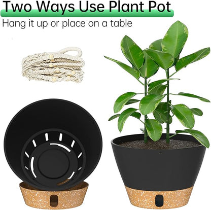 ZMTECH 2 Pack 10 Inch Hanging Planters with Macrame Plant Hanger for Indoor and Outdoor Plants, Self Watering, Drainage Hole, Visible Level Tray, Gray