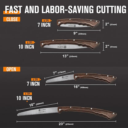 Folding Pruning Saw 10 Inch with Leather Sheath and Wenge Wooden Handle, SK5 Steel Blade, Foldable Hand Saw for Camping, Survival, Wood Cutting, Bushcraft and Tree Trimming