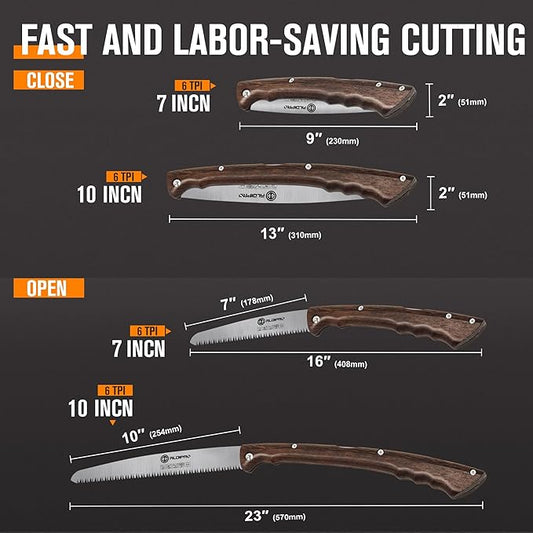 Folding Pruning Saw 10 Inch with Leather Sheath and Wenge Wooden Handle, SK5 Steel Blade, Foldable Hand Saw for Camping, Survival, Wood Cutting, Bushcraft and Tree Trimming