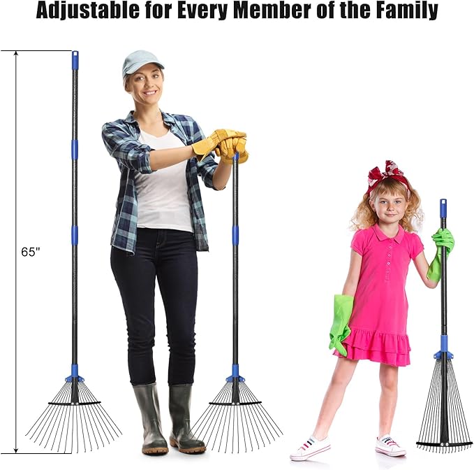Expandable Rake for Leaves, Garden Leaf Rake for Lawns with 8-17“ Width & 65” Height - Lightweight Metal Yard Rakes for Women & Kids, for Pine Needles, Grass, Dog Poop - Easy Storage for RV & Camping