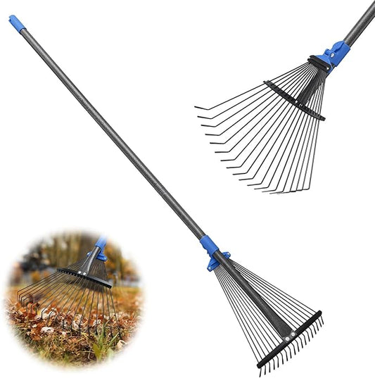 Rake, Leaf Rake with Expandable Head,18 Teeth, Adjustable 53 Inch Long Handle, 17 Inch Wide, Heavy Duty Collapsible Yard Rakes for Lawn Flowers Beds Gardening