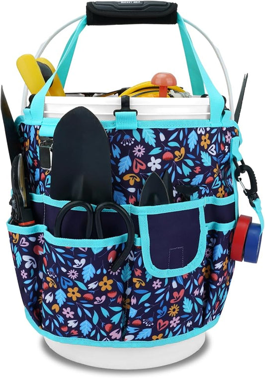 KUNN Bucket Tool Organizer 5 Gallon with Hangable Handle 18-Pocket Detachable Bucket Bag for Tools, Garden Caddy Tote with Pockets, Heavy Duty 600D Polyester Gardening Accessory,Blue