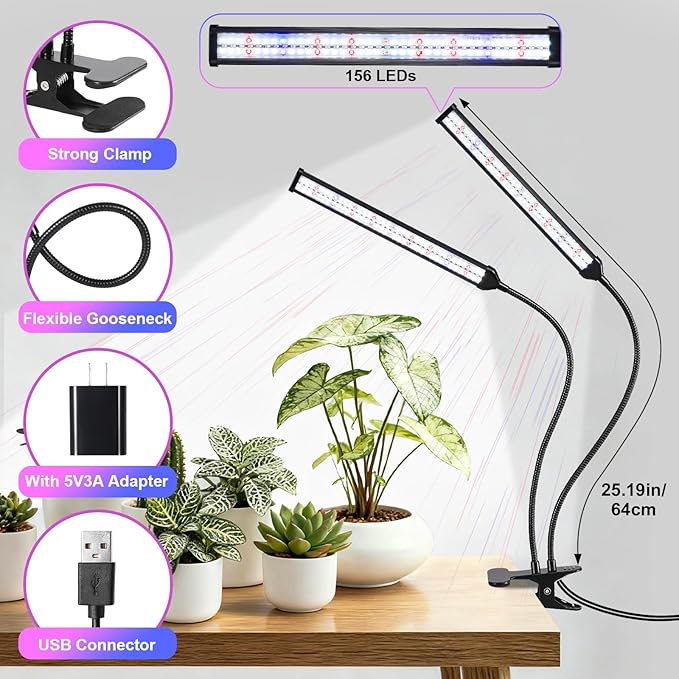Indoor Clip-on Plant Growth Light, Full Spectrum Grow Light with 156 LEDs, Flexible Gooseneck and 4/8/12H Timer, 3 Spectral Modes, 10 Levels of Dimming, Suitable for Seedlings and Succulent Seeds