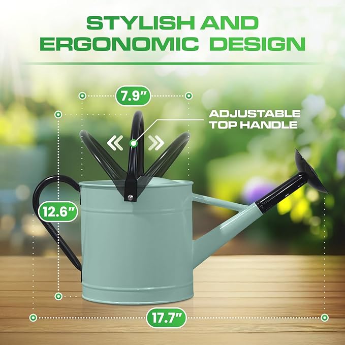 Plexon 1 Gallon Metal Watering Can Outdoor, Flower Plant Gardening Garden Large Watering Can Pot, Black Galvanized Steel Handles and Removable Spray Spout, Aqua Mist Blue