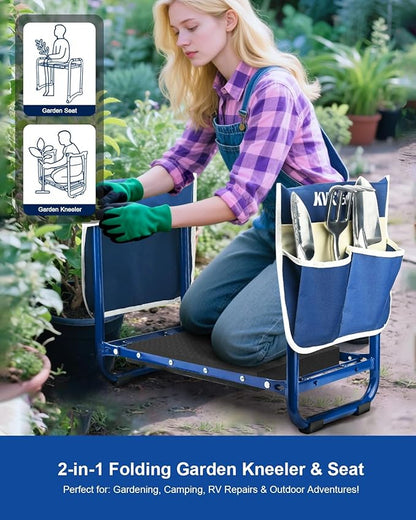 KVR Garden Kneeler and Seat Set 2025 Upgraded - Heavy Duty Foldable Bench Chair with 3 Tools & 2 Tool Pouch + Multi-Purpose Bag, Gardening Stool Gifts for Seniors, Women, Mom