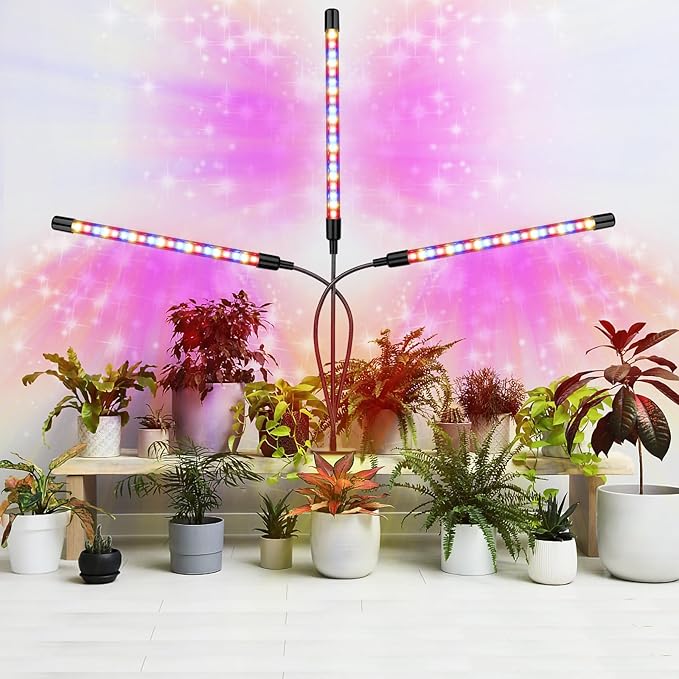 LED Grow Light, 3 Heads Red Blue White Full Spectrum Plant Light with Clamp for Indoor Plants & Seed Starting, 10-Level Dimmable, Auto On Off, Timing 4 9 12Hrs
