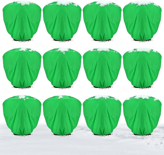 ANPHSIN 12 Pcs 39.3in x 39.3in Plant Covers Freeze Protection - Winter Shrub Plant Protection Bags, Frost Blankets Cloths with Drawstring for Outdoor Garden Potted Plants, Green