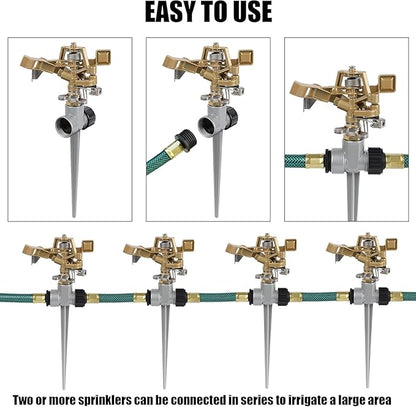 2 Pack Zinc Alloy Impact Sprinklers with Stand (Spike), Heavy Duty Zinc Alloy Lawn Sprinkler Head on Spike Base, Adjustable Watering Sprinkler for Large Area Grass Yards Patio Garden Irrigation