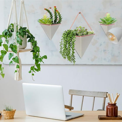 Rtteri 15 Pcs Hanging Wall Planter with Artificial Succulents Plants Indoor Decor, Faux Wall Planter with Geometric Vase Pot (8.2/5.9/4 Inch Size) Art for Home Bedroom Room