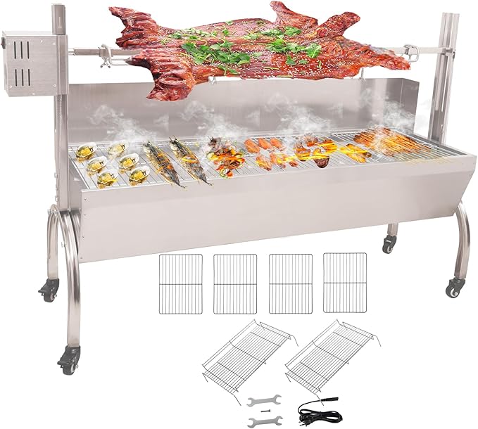 50W Rotisserie Grill With Wind Screen - 51 Inch BBQ Outdoor Pig & Lamb Spit Roaster - 132LBS/60KG Stainless Steel Charcoal Spit Rotisserie Grill for Camping & Outdoor Barbecue