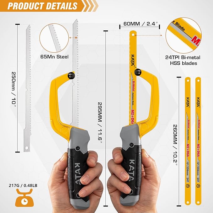 KATA Hacksaw, Compact Hand Operating Hack Saw with 10 Inch Aluminum Frame, 2 Piece Extra Flexible Bi-Metal HSS Blades and 1 Piece Woodworking Saw Blade, Suitable for Wood and Metal (Mini Hacksaw)