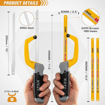 KATA Hacksaw, Compact Hand Operating Hack Saw with 10 Inch Aluminum Frame, 2 Piece Extra Flexible Bi-Metal HSS Blades and 1 Piece Woodworking Saw Blade, Suitable for Wood and Metal (Mini Hacksaw)
