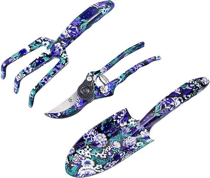 FLORA GUARD Gardening Gifts, 3 Piece Aluminum Garden Tool Set - Trowel, Cultivator, Pruning Shear, Gift Set for Women, Men, Gardening Needs (Purple&Blue)