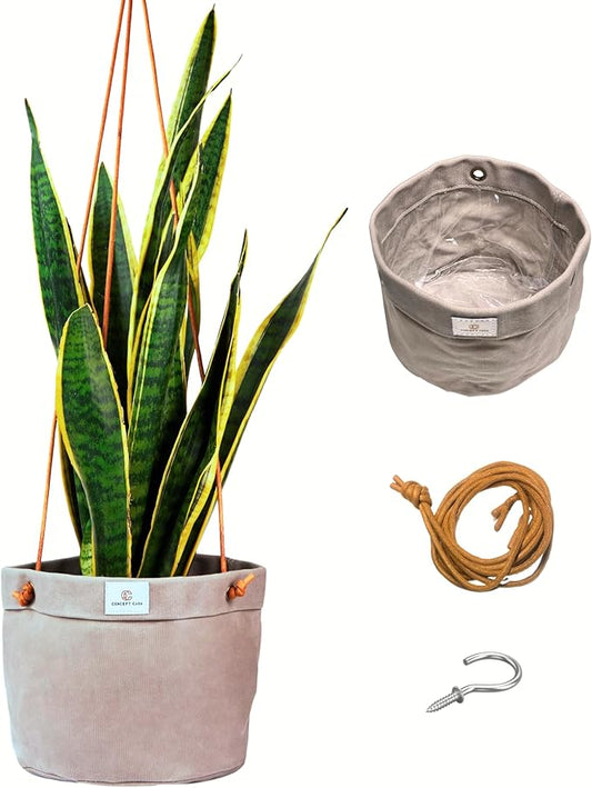 Large Waxed Canvas Handmade Hanging Planter for Indoor/Outdoor Plants, Hanging Basket Plant Holder Stone Gray with Hook