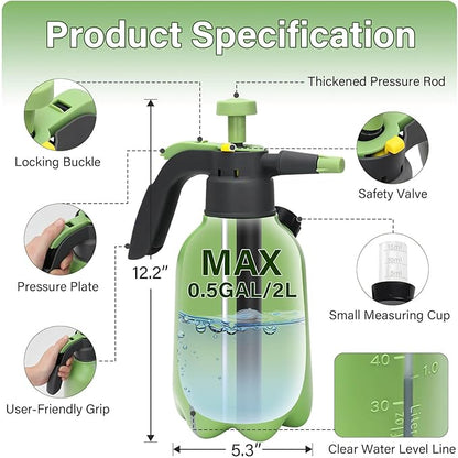 0.5 Gallon Hand Pump Sprayer for Garden Plant and Cleaning with 2 Adjustable Nozzle and Side Water Inlet & Safety Valve