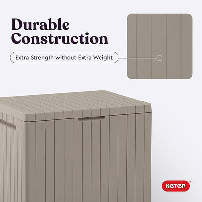 Keter City 30 Gallon Resin Outdoor Storage Box and Patio Furniture Side Table for Pool and Garden Accessories, Beige