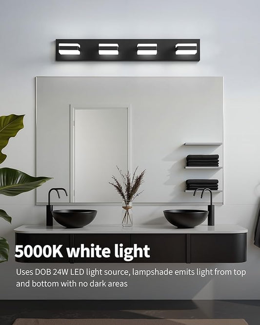 Bathroom Lighting Fixtures Over Mirror, 4 Light Bathroom Vanity Light Fixtures with Cool White 5000K, Matte Black LED Modern Vanity Wall Lights for Bath, Dressing Room, Restroom, 29.5 inch